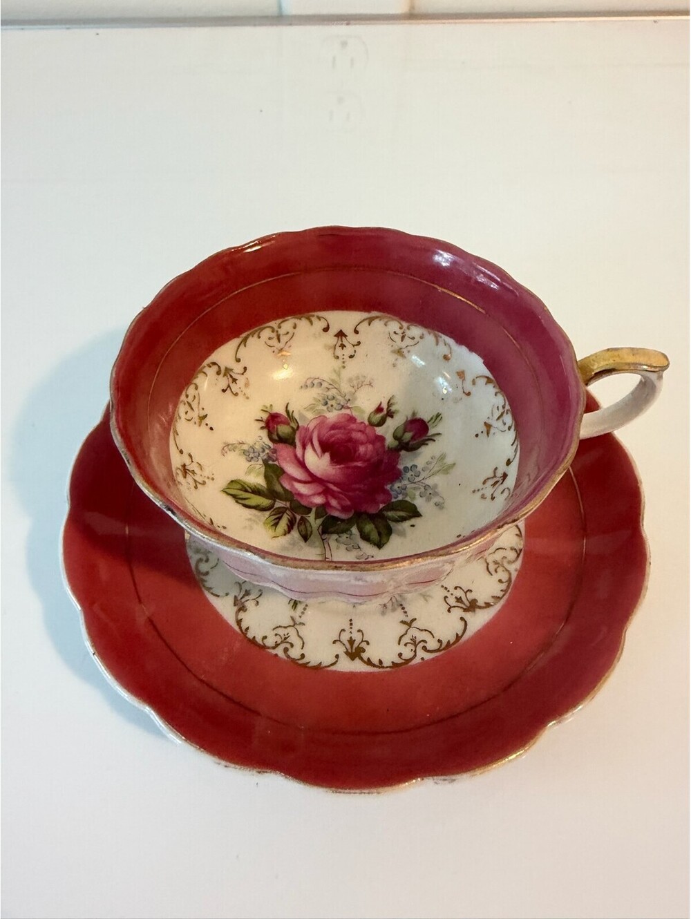 Vintage Japanese Porcelain Teacup and Saucer - Floating Pink Cabbage Design
